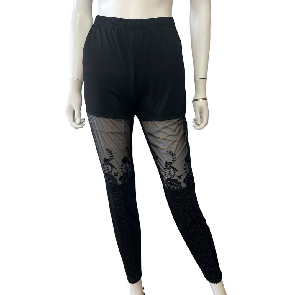 ChicMe Black Mesh Leggings Sheer Floral Panel Edgy Y2K Festival Goth Chic Large‎